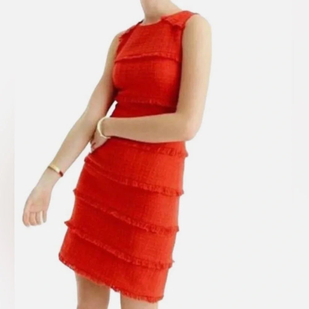 J Crew Womens Red Orange Fringe Tweed Boucle Sheath Dress Size 12_4